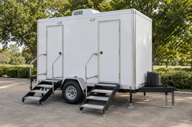 Restroom trailer in an outdoor setting